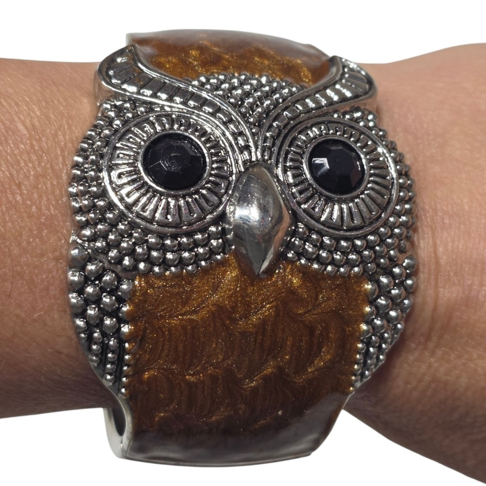 Unbranded Owl Hinged Cuff Bracelet Women OS Brown Enamel Silver Tone Boho